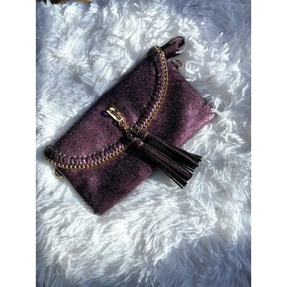 Sondra Roberts purple sparkly wristlet with gold chain details